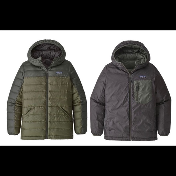 Patagonia Kids Water Repellent Reversible
Down Sweater Hoodie Alder Green Size M - Picture 7 of 7